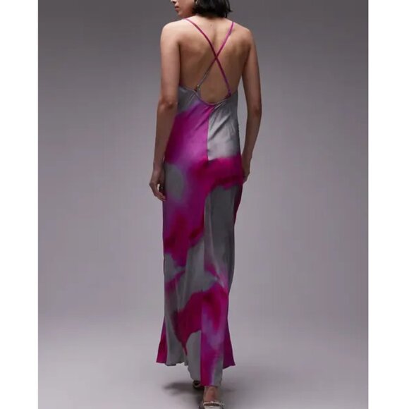 Topshop Vibrant Pink and Gray Cowl Neck Satin Maxi Dress Size 6 - Picture 2 of 11